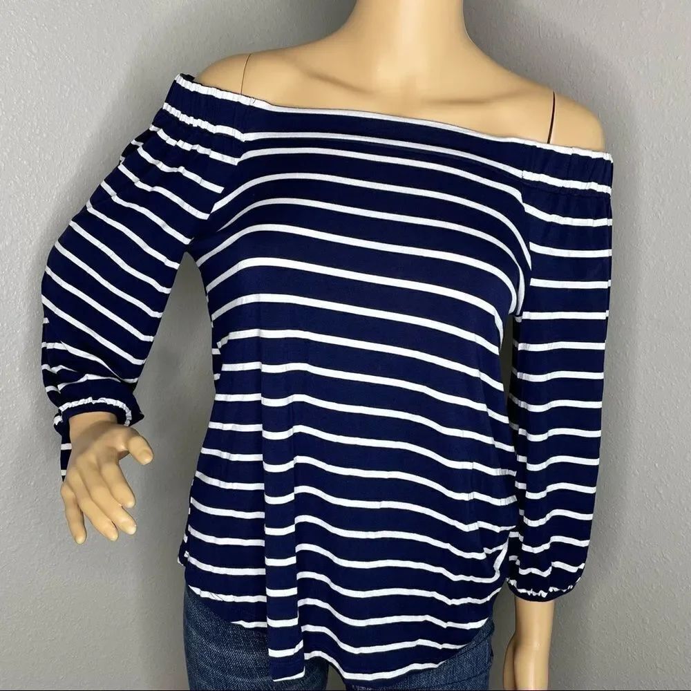 Cable and Gauge On or Off Shoulder Vertical Striped Blouse Blue and White Medium